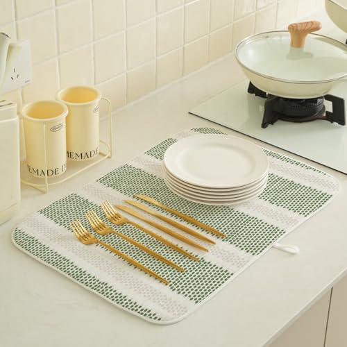 Boho Sage Green Dish Drying Mat 18 x 24 inch Modern Geometry Polka Dot Striped Decorative Drying Mats Microfiber Absorbent Dish Washable Draining Mat for Kitchen Counter Decor (18x24 Inch / Sage Green Striped)