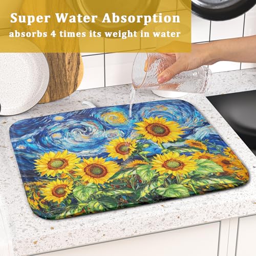 Sunflower Dish Drying Mat for Kitchen Counter 18x16 Inch Starry Night Drying Mat with Absorbent Reversible Microfiber Farmhouse Floral Dish Drainer Mats Rack Pad for Coffee Countertop Protector (Blue Yellow / 18" x 16")