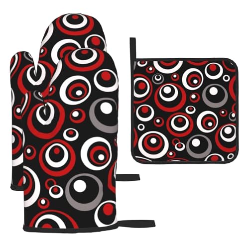 Retro Red Circles Oven Mitt and Pot Holder Set (Red and White Circle)
