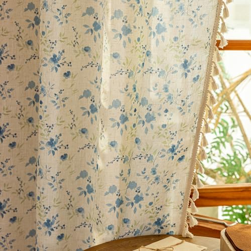 Floral Boho Linen Curtains 96 Inches Length 2 Panels Set Blue Flower Patterned Semi Sheer Spring Vintage Farmhouse Window Curtains with Tassel Beige Back Tab Dining Room (Blue and Green / 50"W x 96"L (Pack of 2))