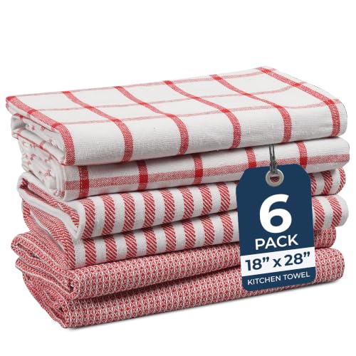 Kitchen Dish Towels 100% Cotton Soft & Absorbent 6 Pack (18"x28" - 6 Pack / 06: Red)