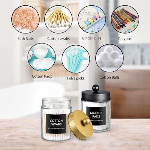 2 Pack Glass Qtip Holder with Black & Gold Stainless Steel Lids (2 pack / Black&Gold)