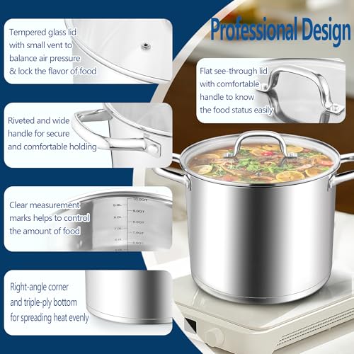 10 Quart Pot Stainless Steel Stock Cooking Pot with Glass Lid for Soup Canning Stewing Simmering (10 Quarts)
