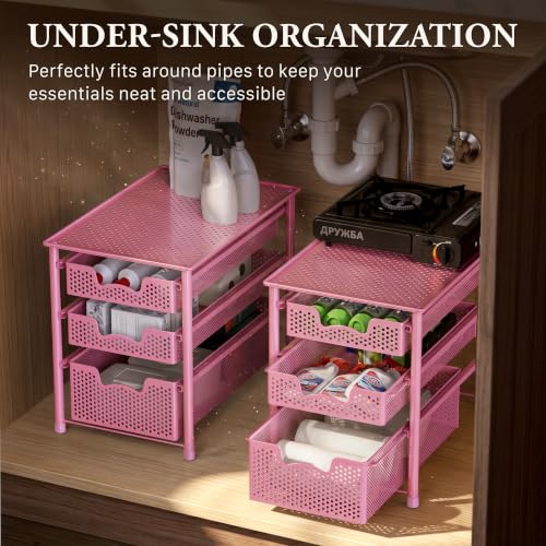 Stackable 3 Tier Sliding Basket Organizer Drawer (3-Tier / Pink)