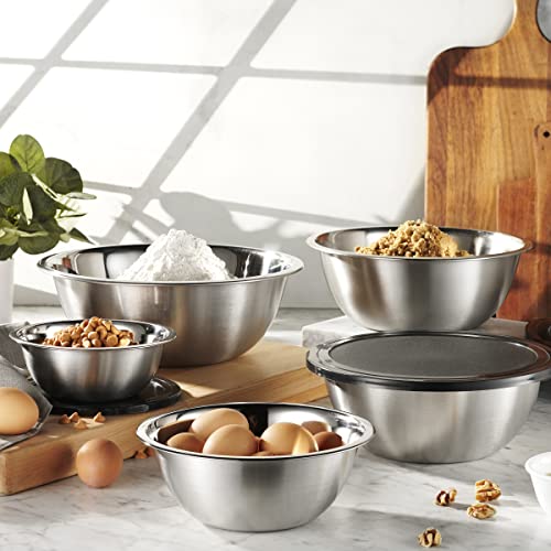 10 Piece Stainless Steel Mixing Bowl Set with Lids for Food Prep & Storage (Silver Bowls - With Black Lids)