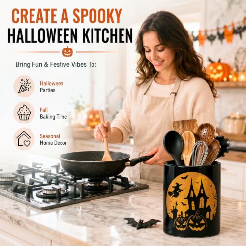 2 Pcs Halloween Pumpkin Cat Utensil Holder Halloween Kitchen Decoration (Spooky)