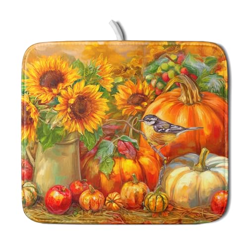 Vintage Fall Autumn Dish Drying Mat 16"x18" Small Rustic Pumpkin Sunflower Bird Dish Drainer Mats Thanksgiving Farmhouse Reversible Dish Drying Pad for Kitchen Countertop Dining Room (18" x 16")