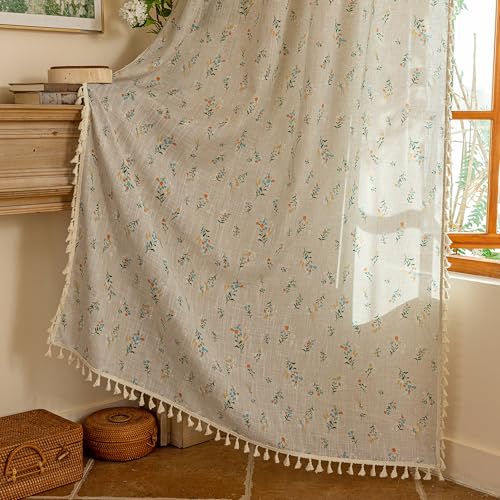 Boho Floral Linen Farmhouse Curtains 84 Inch Length 2 Panels Semi (Blue and Orange / 50"W x 84"L (Pack of 2))