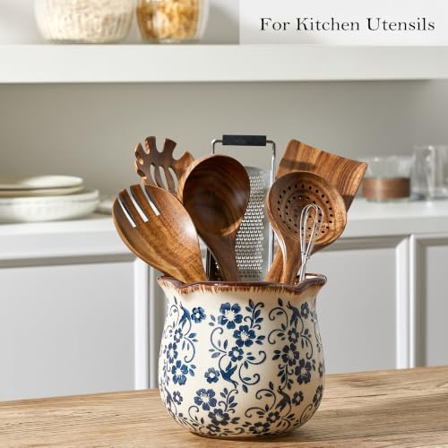 5.75" H Blue Wide Cooking Utensil Holder for Kitchen Counter (Blue Chinoiserie Floral)