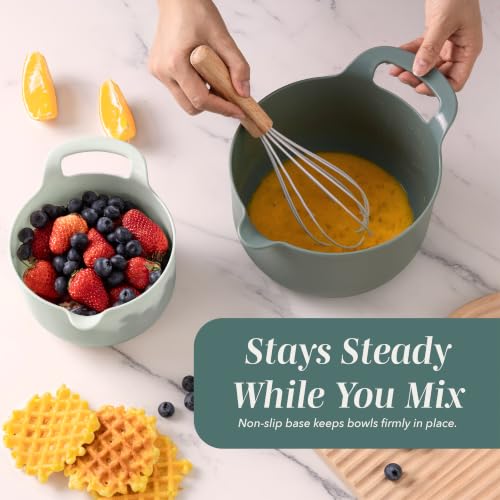 Nesting Plastic Mixing Bowl Set with Pour Spouts and Handles (Sage / 4 Piece Non-Slip)