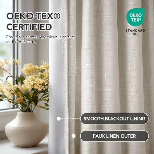 Pinch Pleated 100% Blackout Linen Curtains 84 Inch for Living Room (Natural White/Linen Total Blackout / 40"W x 84"L (Pack of 2))