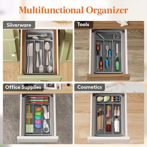 Silverware Drawer Organizer Tray (Gray / 7.8 x 12.4 inch (4 Slots))