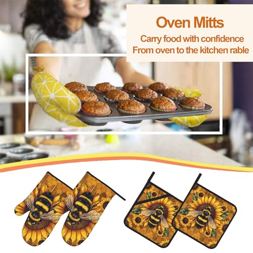 Sunflower Bee Oven Mitts and Heat Resistant Pads (Sunflower Bee)