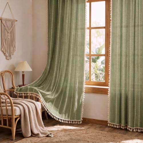 Sage Green Boho Light Filtering Curtains 84 Inch 2 Panels with Tassels (Light Filtering Sage Green / 52"W x 84"L (Pack of 2))