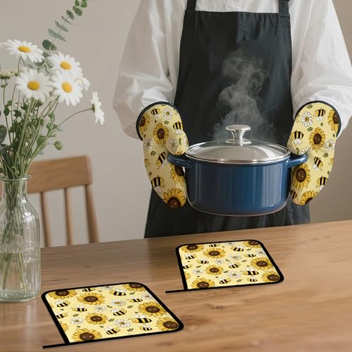 Sunflower Bee Oven Mitts and Pot Holders Set (Sunflower Bee Daisy)