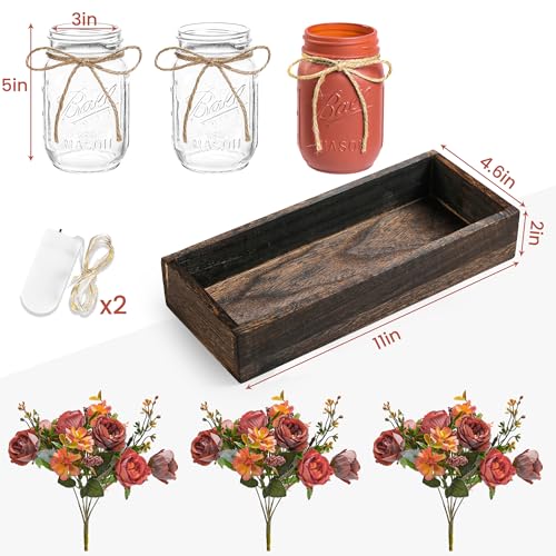 3 Pcs Mason Jar Centerpiece Table Decorations for Dining Table Decor Farmhouse Coffee Table Decor with Wood Tray and Led Light Table Centerpieces for Dining room Kitchen Living Bathroom (orange)