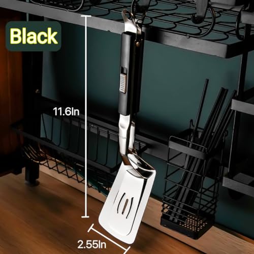 Kitchen Cooking Tongs 11.6 inch 304 Stainless Steel Grill Clamp Spatula for Flipping Bread Steak Fish Toast (Black)