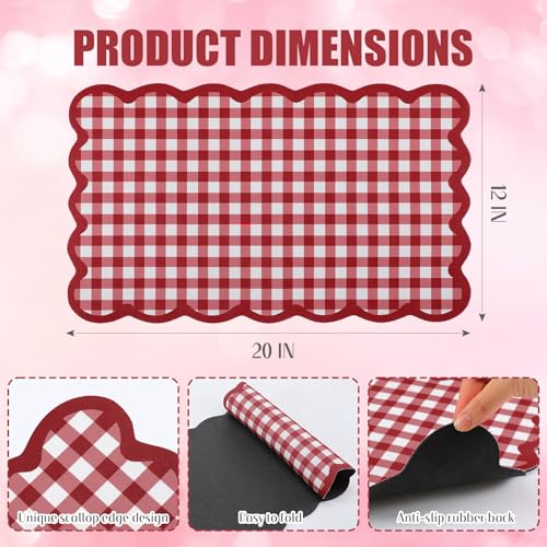 Red Scalloped Gingham Coffee Mat 12" x 20" Absorbent Bar Mat (Red / Gingham)