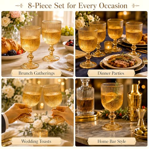 Amber Goblet Fluted Drinking Glasses Set of 8 (Goblet / Amber / 13oz)