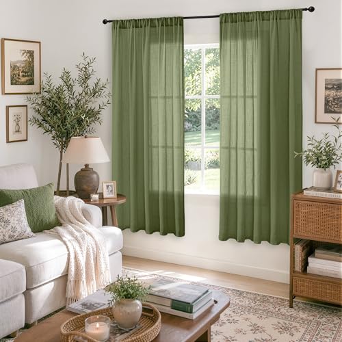 Olive Green Linen Curtains 63 Inches Long for Living Room (Olive Green / 52"W x 63"L (Pack of 2))