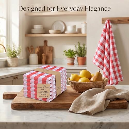 Kitchen Towels Cotton Dish Towels 20”x30” (20" x 30" (Set of 6) / 019 Red/White - Check)