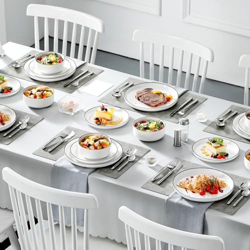 18 Pcs Porcelain Plates and Bowls Sets (Ivory White-Black Rim / 18 Pcs (Service for 6))