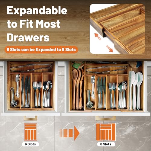 Acacia Wood Expandable Silverware Organizer (8 Compartments)