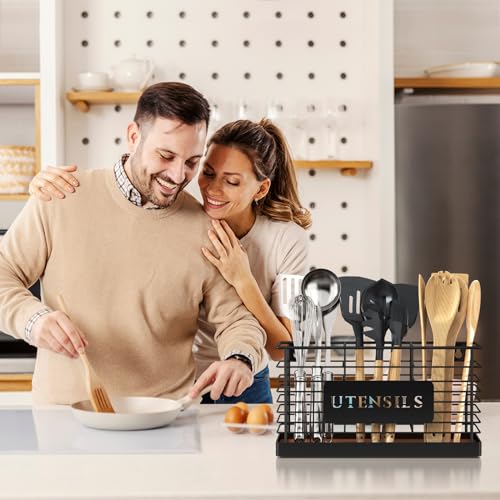Utensil Holder for Kitchen Counter Large Black Metal Cooking Utensil Organizer 3 Compartments for Countertop Kitchen Tool Spatula Holder Wood Base (Brown-3 Slots)