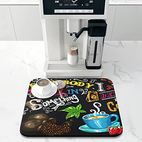 Coffee Bar Mat Accessories for Countertop Absorbent Hide Stain Rubber Backed Dish Drying Mats for Kitchen Counter Draining Pad Decor Gift (Coffee-3 / 16" x 18")