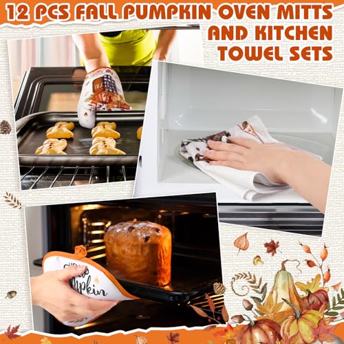 12 Pcs Fall Pumpkin Kitchen Towels Oven Mitts Pot Holders Set (Fall Pumpkin)