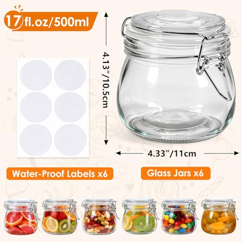 17oz Glass Jars with Airtight Lids 6 Pack (Large)
