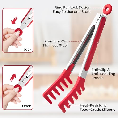 2 PCS Pasta Tong Spaghetti Tongs (9"+12"-Red)