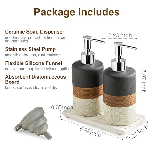 Ceramic Dish Soap Dispensers Set of 2 for Kitchen and Bathroom (Black and White / 2xSoap Dispenser Set with Tray)
