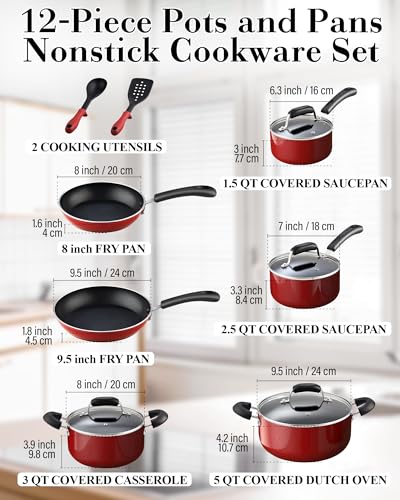 Professional Pots and Pans Nonstick Cookware Set (12 Piece Cookware Set / Marble Red)