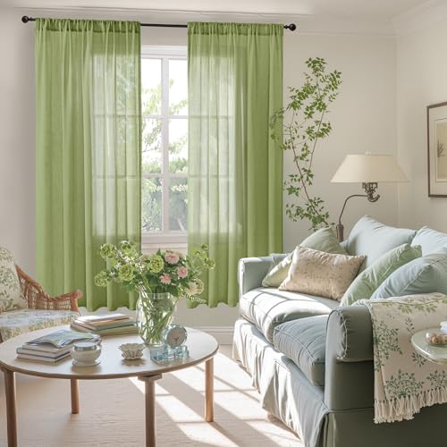 Olive Green Linen Curtains for Living Room 63 Inch Length (Green / 52"W x 63"L (Pack of 2))