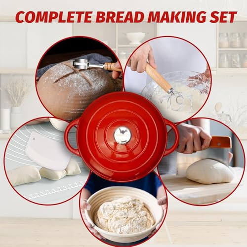 5QT Enameled Cast Iron Dutch Oven for Bread Baking with Lid (Red / 5 QT (Bread Pan))