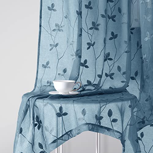Cyan Blue Sheer Curtains Vine Embroidered (52"W x 84"L (Pack of 2) / Cyan Blue)