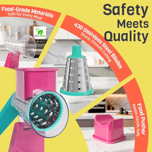 Upgraded Rotary Cheese Grater with 3 Interchangeable Stainless Steel Drums (Rose-red & Green)