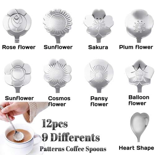 12 Pcs Flower Coffee Tea Spoons Set with Storage Bag (Silver)