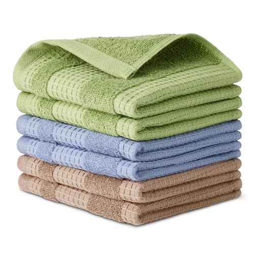 Organic Cotton Waffle Kitchen Dish Cloths (2 Brown, 2 Green, 2 Navy / 12 x 12 inches)
