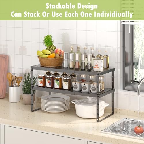 Expandable Cabinet Organizer Shelf With Adjustable Height (Black-1 Pack / 10.23"D*15.35-26.77"W x 7.5"H)