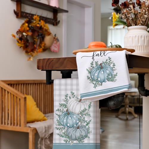 Pumpkin Fall Kitchen Towels Set of 2 for Decor Eucalyptus Leaves (Blue Pumpkin)
