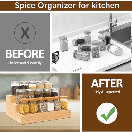 2 Pack 3 Tier Bamboo Spice Rack Organizer for Kitchen Countertop or Cabinet