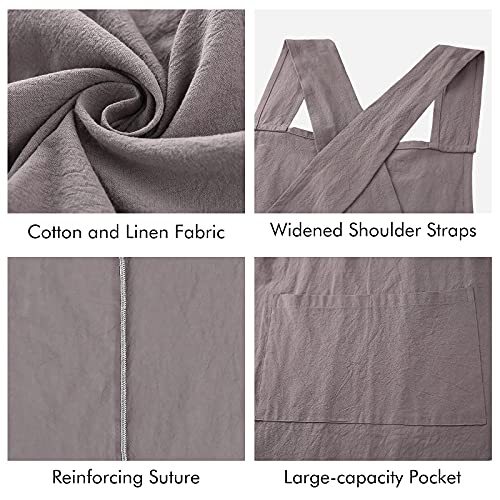Cotton Linen Cross Back Aprons Solid Color Unisex Pinafore Vintage Apron Japanese Style with 2 Pockets for Kitchen Cooking Baking Painting Gardening Cleaning for Women Men (Grey)