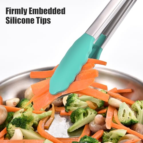 Kitchen Tongs with Silicone Tips for Cooking Serving (16in / Aqua Sky)