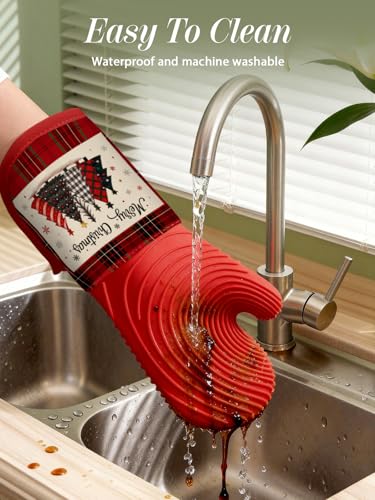 Long Silicone Oven Mitts Heat Resistant for Women (Red)