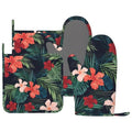Tropic Hawaiian Hibiscus Flower Oven Mitts Pot Holders Set Silicone Heat Resistant Green Leaves Red Floral Oven Mitts and Hot Pads Potholders Non (Red Green)