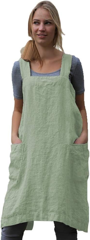 Women's Cross Back Pinafore Apron with Large Pockets Home Kitchen (Small / Light Green)