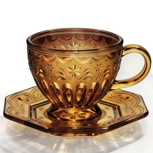 Vintage Glass Tea Cup and Saucer Set (Golden Amber)