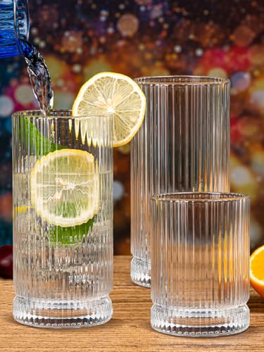 Ribbed Glassware Vintage Drinking Glasses 12Pcs (Clear Vertical Glasses 12pcs / 12pcs)